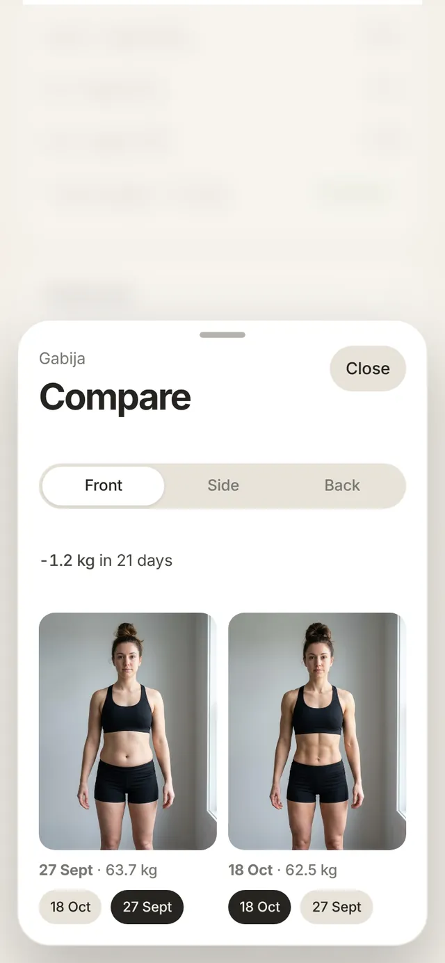 Check-in photos side by side from two weeks: front, side and back