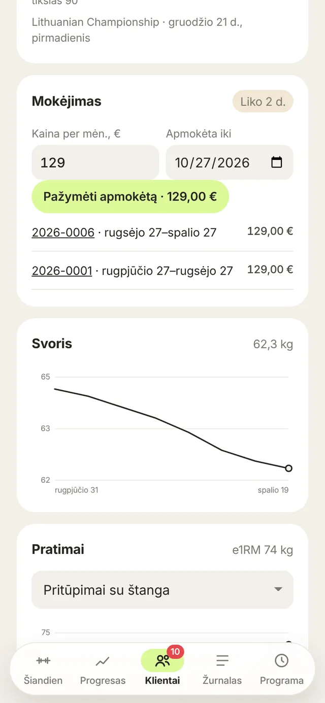 Trenerio pusė: mėnesio kaina, apmokėta iki, „Pažymėti apmokėtą“ ir numeruoti patvirtinimai